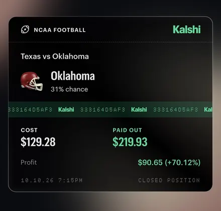 Kalshi slip: Oklahoma vs Texas, NCAAF
